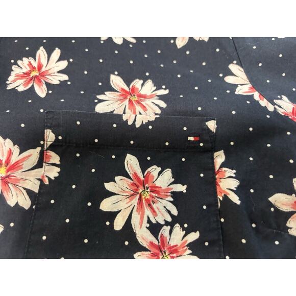 Tommy Hilfiger Womens 1X Button Down Blouse Navy Blue Floral Roll Tab Cotton - Picture 9 of 14
